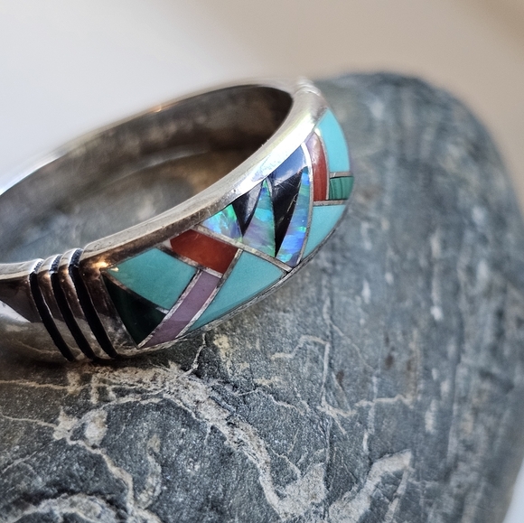Navajo Ring, Multi Stone Inlayed, Sterling Silver. Artist: Steve Fransico EUC! - Picture 6 of 11